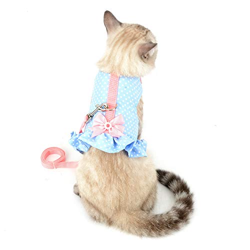 Zunea No Pull Small Dog Girl Harness Dress Escape Proof Cat Kitten Vest Harness Leash Set Step-in Soft Cotton Padded Polka Dot Jacket Chihuahua Puppy Clothes with Cute Bow for Walking Blue XS - color: blue dots, size: XS (Chest:12.2-13.7", Neck:8.2-9.4")