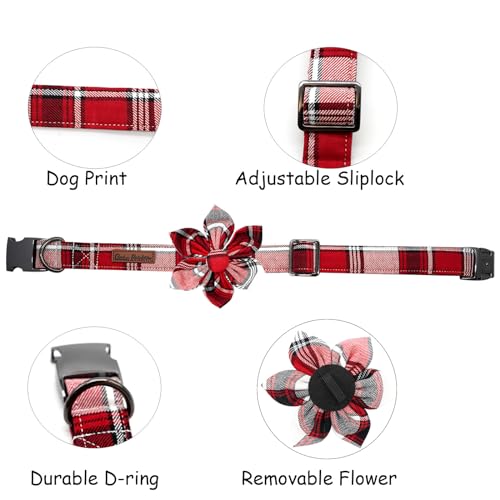 Dog Collar, Christmas Plaid Pet Collars with Flower Holiday Girl Boy Puppy Collar Adjustable Pet Collar for X-Small Dogs - color: Red Plaid, size: X-Small (Pack of 1)