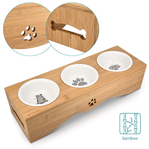 Navaris Cat Bowls with Stand - Elevated Triple Feeder for Cats - Ceramic Pet Bowl Dishes 3-Pcs Set with Printed Designs and Raised Bamboo Wood Holder