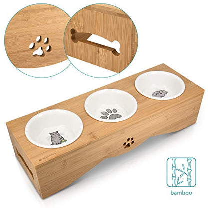 Navaris Cat Bowls with Stand - Elevated Triple Feeder for Cats - Ceramic Pet Bowl Dishes 3-Pcs Set with Printed Designs and Raised Bamboo Wood Holder
