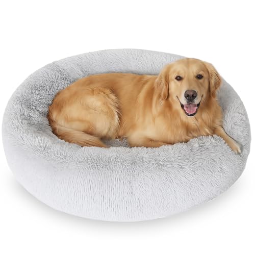 JOLLYVOGUE Dog Beds Large Sized Dog, 36 inches Calming Soft Anti-Anxiety Donut Dogs Bed, Washable Round Fluffy Cushion for Large Pets, Fits up to 80 lbs Pets - color: 01 - Light Grey, size: 36"