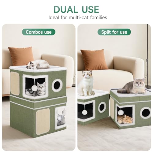 2-Storey Cat House for Indoor Cats, Separate Into 2 Large Cat Bed Cave with Hideaway Condos, Scratch Pads, Hanging Balls, Foldable Indoor Cat House, Cat Cube for Multiple Cats Kitten, Green - style: Green