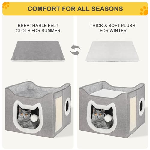 Selecta Grey Indoor Cat House - Foldable, Covered Cat Bed Cave with Fluffy Ball and Scratch Pad