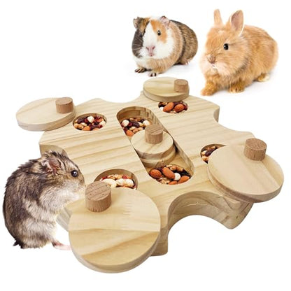 Hamster Foraging Toys Boredom Breaker Pet Rat Foraging Toys Bunny Puzzle Toys for Rabbits Interactive Bunny Toys Wooden Hamster Enrichment Toys for Guinea Pig Chinchillas Small Rodents,6-Hole