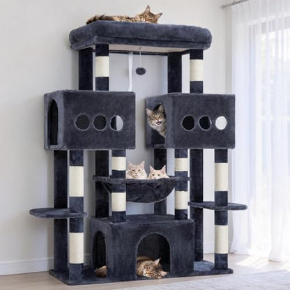 Hey-brother Cat Tree Tower, Large Sisal Scratching Posts with Big Platform, 3 Spacious Condos, Plush Hammock, Toy, 57.5 Inches Multi-Level Furniture for Indoor Adults Maine Coon, Smoky Gray MPJ083G - color: Smoky Gray