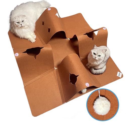 Interactive Cat Tunnel Mat for Indoor Cats, 4-Way Felt Cat Cave with Hanging Ball, Foldable Kitty Play Mat and Hideout, Pet Enrichment Toy for Kittens, Rabbits, Small Pets - color: Brown