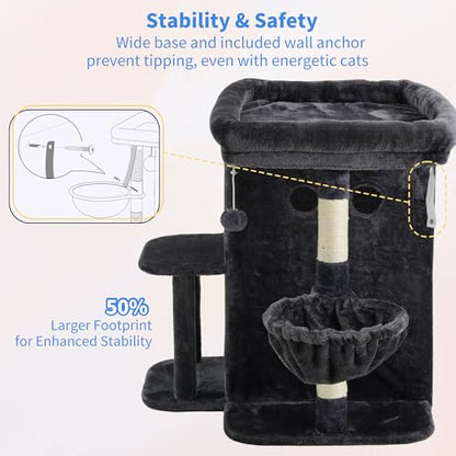 Heybly Cat Tree, 25.6-inch Cat Tower with Spacious Top Perch for Large Cats, Stair-Style Cat House Furniture with Dual-Layer Condos, Sisal Scratching Posts, Cozy Basket & Pompom, Smoky Gray HCT204SG - color: Smoky Gray, size: 25.6 inch