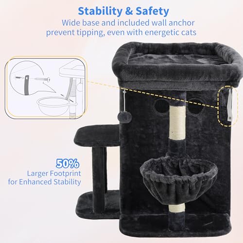Heybly Cat Tree, 25.6-inch Cat Tower with Spacious Top Perch for Large Cats, Stair-Style Cat House Furniture with Dual-Layer Condos, Sisal Scratching Posts, Cozy Basket & Pompom, Smoky Gray HCT204SG - color: Smoky Gray, size: 25.6 inch