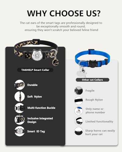 Smart QR Code Cat Collar with Online ID Profile - Breakaway Safety Collar with Bell, Glow in The Dark & Cute Moons Stars Pendant, Adjustable Kitten Collar for Girl Cats 7.0-12.5 Inch(Black) - color: Black, size: Collar Only