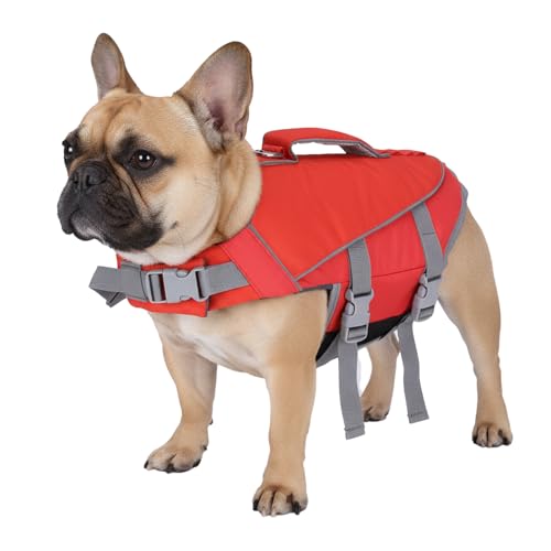 Geyecete Dog Life Vest for Swimming with Handle Dog Life Jacket Adjustable for Swimming, Boating,and Water Safety, High-Buoyancy,Orange with Red-M - size: Medium