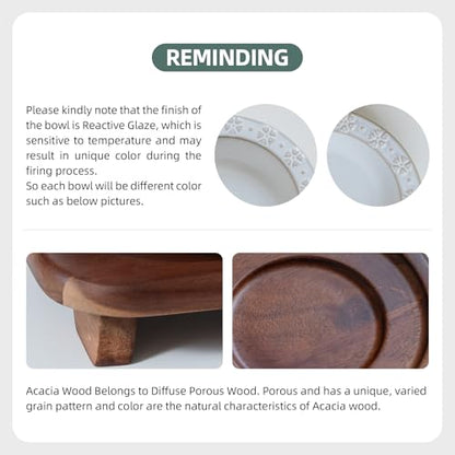 Havniva Cat Food Bowl, 6.1" Raised Cat Bowls with Acacia Wood Stand, Elevated Cat Dishes Ceramic Pet Food & Water Bowl Set, Extra Wide Whisker Friendly Elegant Pet Dish for Kitten, Cats, Puppy - color: 1Bowl+1Dish+Stand- Arctic White