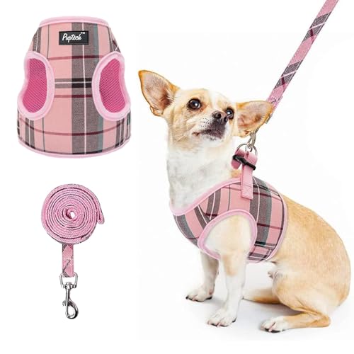 PUPTECK Soft Mesh Dog Harness and Leash Set Step-in Plaid Puppy Padded No Pull Vest Harness for XS Small Medium Sized Dogs Cats Outdoor Walking, Pink L - color: Pink, size: L (Chest Girth 16"-17")