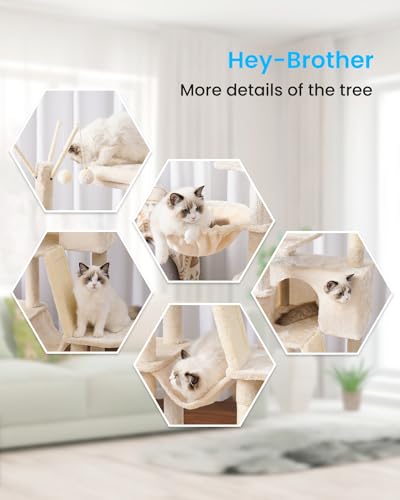 Hey-brother Cat Tree, 53 inch Cat Tower for Indoor Cats, Cat House with Padded Platform Bed, Toy Balls, Large Cozy Condo, Hammocks and Sisal Scratching Posts, Beige MPJ019-SM - color: Beige