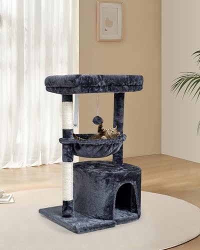 SYANDLVY Small Cat Tree for Indoor Cats, Cat Tower with Scratching Post, Modern Cat House with Padded Perch, Kittens Condo with Cradle, Smoky - color: Smoky Grey