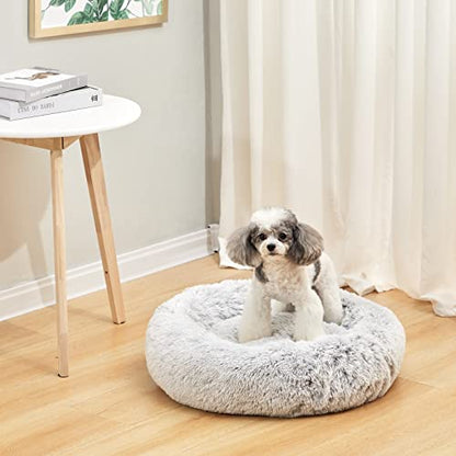 Bedfolks Calming Donut Dog Bed, 23 Inches Round Fluffy Dog Beds for Small Dogs, Machine Washable Anti-Anxiety Plush Puppy Bed（Light Grey, Small） - color: Light Grey, size: 23.0"L x 23.0"W x 7.0"Th