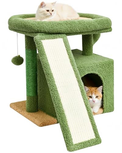 Small Cactus Cat Tree for Indoor Cats, Green Cat Tower with Scratching Post & Board, Unique Cactus Cat House with Perch for Kittens, Stable Condo and Stand (Green) - color: Green