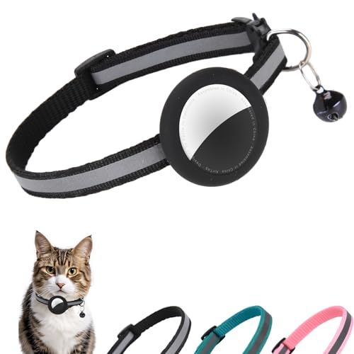 Reflective Cat Collar Fits for AirTag Holder, Breakaway Safety Buckle, Bell & Adjustable Strap for Cats Kittens - Compatible with Apple AirTag, Anti-Lost Pet Tracker Collar,Black - color: Black
