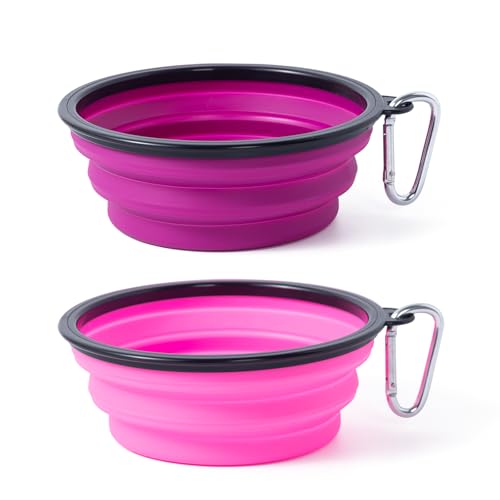 Dog Bowl Pet Collapsible Bowls, 2 Pack Collapsible Dog Water Bowls for Cats Dogs, Portable Pet Feeding Watering Dish for Walking Parking Traveling with 2 Carabiners (Pink+Purple, Medium) - color: Pink+Purple, size: Medium