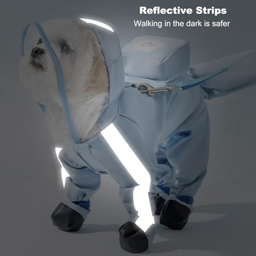 Junchl Small Dog Raincoat Rainboots with D-Ring, Full Coverage Dog Rain Jacket Slicker Poncho, Waterproof Dog Rain Jacket with Reflective Strip, Rainboot, Tail Cover Blue Backpack M - color: Blue Backpack, size: M:Back 12"(5-8lb)