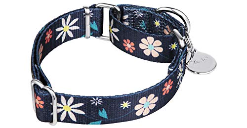 Martingale Collar Floral Print Puppy Dog Collar - No Pull Pet Collar, Heavy Duty Adjustable Dog Collar, Small, Neck 11 Inch -15.5 Inch, Elegant Flowers (Dark Blue) - color: Dark Blue - Flowers, size: Small/Medium: 11"-15.5", 1" Wide