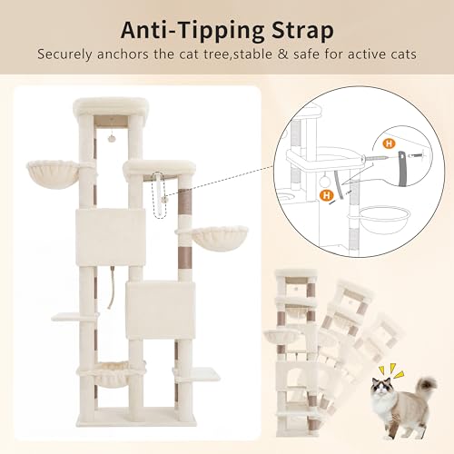 Heybly Cat Tree, 74.8-Inch Spacious & Tall Cat Tower for Large Cats, Cat Furniture with Large Top Perch, Solid Base, 2 Cat Condos, Hanging Hammock, Durable Sisal Scratching Posts, Beige HCT062MJ - color: Beige New