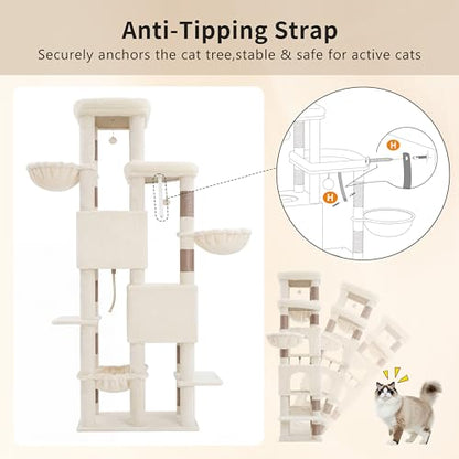 Heybly Cat Tree, 74.8-Inch Spacious & Tall Cat Tower for Large Cats, Cat Furniture with Large Top Perch, Solid Base, 2 Cat Condos, Hanging Hammock, Durable Sisal Scratching Posts, Beige HCT062MJ - color: Beige New