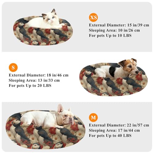 Pet Bed Blossom Puffins Cat Snuggler Soft Winter Cushion, Cozy Round Bolster Nest for Indoor Kittens & Small Pets 15" - size: X-Small