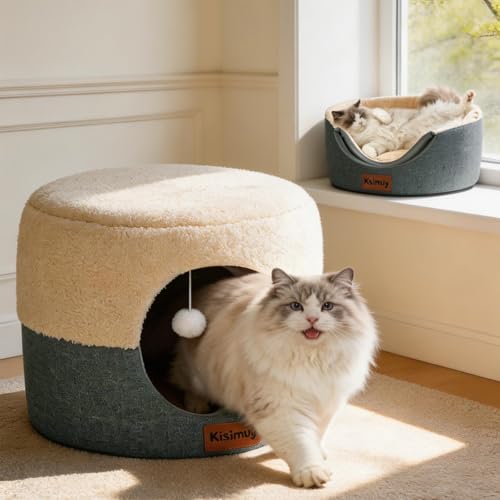 Cat Cave Bed for Indoor Cats, 2-in-1 Convertible Cat House & Lounge with Reversible Plush Cushion – Calming Anti-Anxiety Anti-Slip Pet Bed for Small Dogs & Kittens, Cozy Hideaway Tent, 19.7 inches - color: Oxford Grey/Khaki, size: L-19.7"Lx19.7"Wx14.9"H