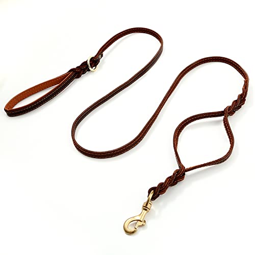 Guiding Star Double Handle Leather Dog Leash 6ft, Heavy Duty Braided Dog Leash with Traffic Handle for Small Medium & Large Dogs (Two Handles 6 Foot x 5/8", Brown) - color: Brown