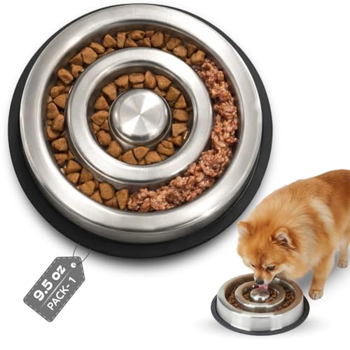 1.2 Cup (9.5 oz) Slow Feeder Dog Bowls, Shallow Spiral Style Stainless Steel Small Dog, Cat Dry, Wet Food Dishes Fast Eater Nonslip Heavy Feeding Puzzle Bowl, Slow Down Eating