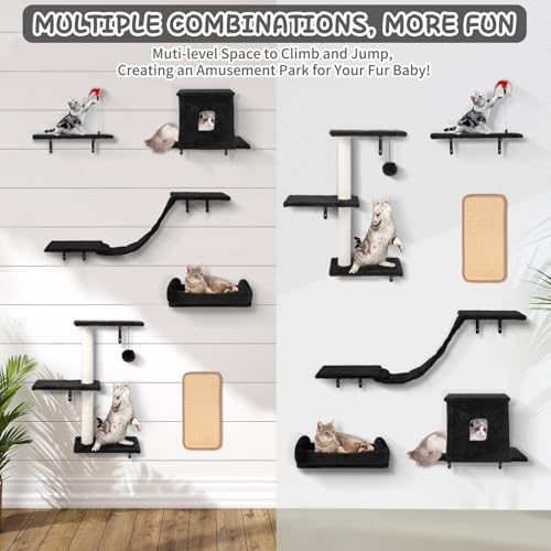 Cat Wall Shelves, 6 in 1 Cat Wall Furniture Set with Condos House, Bed, Bridge, Tree, Steps, Scratching Board, DIY Walls Playground for Indoor (Black) - color: Black