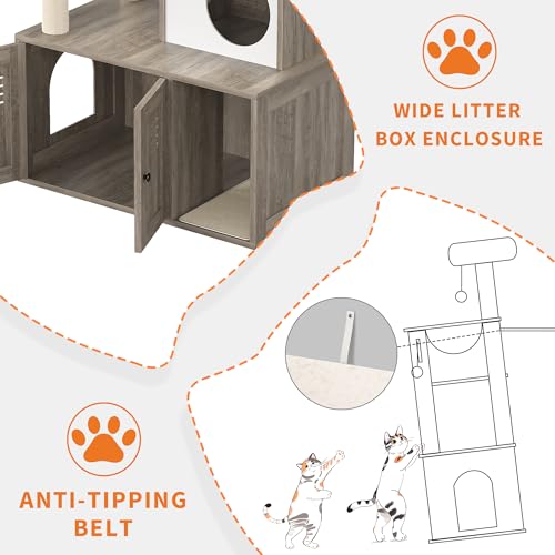 Garvee Cat Litter Box Enclosure with Tree Tower and Condo, Hidden Pet Washroom Furniture with Sisal Scratching Post,Hammocks and Soft Plush Perch, Wooden Cat Furniture with Multiple Platforms,Grey - color: Rustic Grey