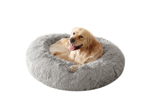 Arlee Donut Round Pet Dog Bed - Memory Foam - Calming Reduce Anxiety - Shaggy Vegan Fur - Assembled USA, Charcoal - color: Charcoal, size: Medium