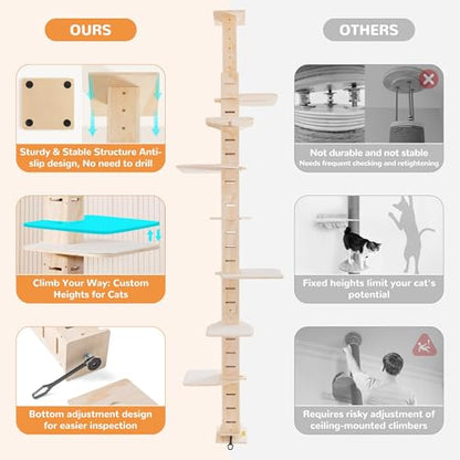 COZIWOW Floor to Ceiling Cat Tree for Large Cats, Cat Tower with Non-Slip Platforms 7 Tier Tall Climbing Pole with Adjustable Height (98-114 Inches) Modern Climbing Tower, Wood, Indoor