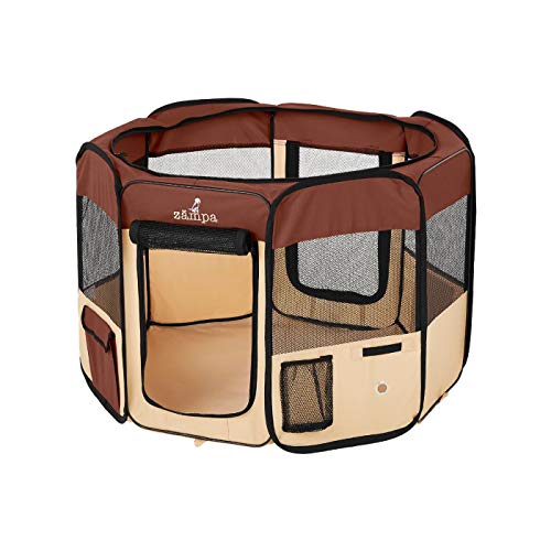 Zampa Pop Up Portable Extra Large 80"x80"x36" Playpen for Dog and Cat, Foldable | Indoor/Outdoor Pen & Travel Pet Carrier + Carrying Case | (200 * 200 * 90 CM) - color: Brown, style: Extra Large (80"x80"x36")
