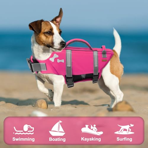EMUST Dog Life Vests, Adjustable XS Dog Life Jacket with Rescue Handle, Puppy Flotation Vest for Small/Medium/Large Dogs, BrightPink, XS - color: Bright Pink, size: XS