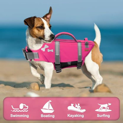 EMUST Dog Life Vests, Adjustable XS Dog Life Jacket with Rescue Handle, Puppy Flotation Vest for Small/Medium/Large Dogs, BrightPink, XS - color: Bright Pink, size: XS