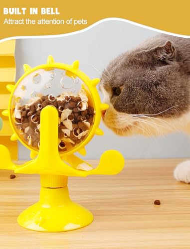 GLOGLOW Interactive Cat Puzzle Feeder, Windmill Treat Dispensing Cat Toy, Indoor Playtime, Suction Cup, Slow Feeding, for Cats, Kittens, and Puppies Training Rewards - color: yellow