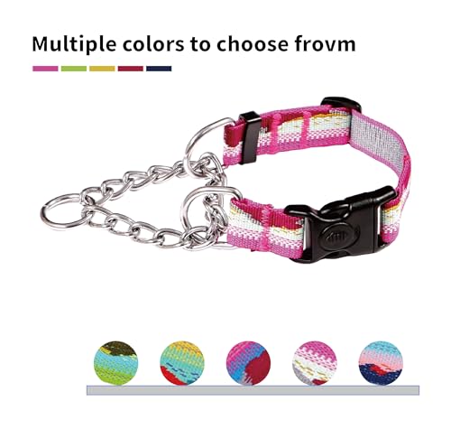 Martingale Dog Collars with Stainless Steel Chain, Reflective No Pull Walking Training Collar with Quick Release Buckle, Adjustable Slip Chain Nylon Dog Collars for Small Medium Large Dogs - color: Pink and white, size: Large