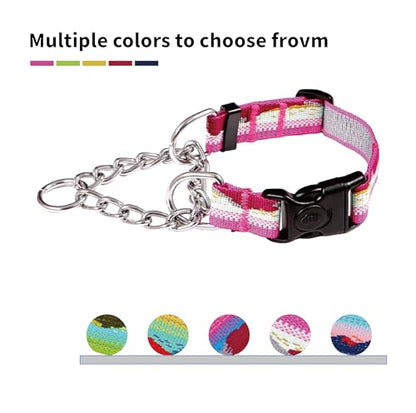 Martingale Dog Collars with Stainless Steel Chain, Reflective No Pull Walking Training Collar with Quick Release Buckle, Adjustable Slip Chain Nylon Dog Collars for Small Medium Large Dogs - color: Pink and white, size: Large