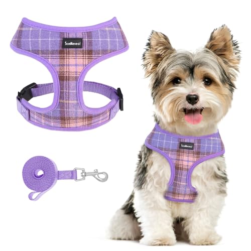 SCENEREAL No Pull Dog Harness with Leash Set for Small Dogs - Breathable Soft Mesh Vest, Plaid Design for Daily Walking Training, Fits Chihuahua Bulldog, Purple Size XS - color: Purple, size: XS: Chest Girth: 10"-14"