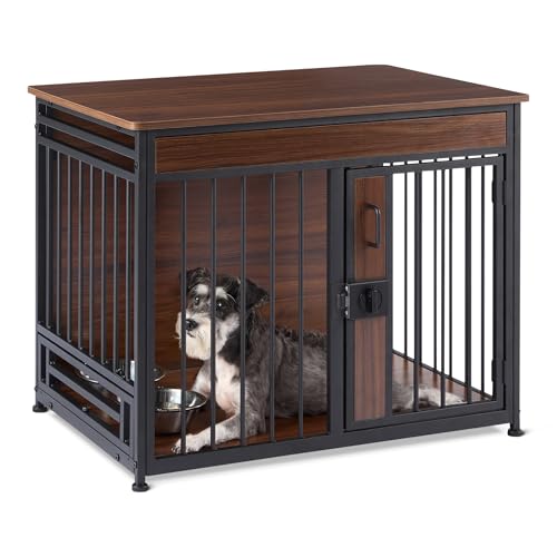 Amazon Basics Furniture Style Dog Crate, Sturdy Wooden Pet Kennel, End Table with Space for Pet, Two Bowls Included, 30" x 20.4" x 23.6", Walnut - size: 30''