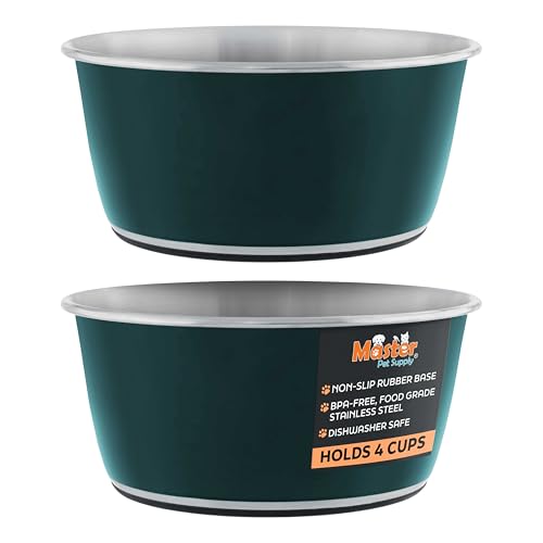 Master Pet Supply Stainless Steel Dog Bowls Set of 2 (32 Oz Each) with Non-Slip Rubber Base - Emerald Sea - Basic Dog Food Bowl Water & Food Bowls for Small Medium Large Dogs & Cats, Metal Dish - color: Emerald Sea, size: 4 Cups (32 oz) 2 Pack