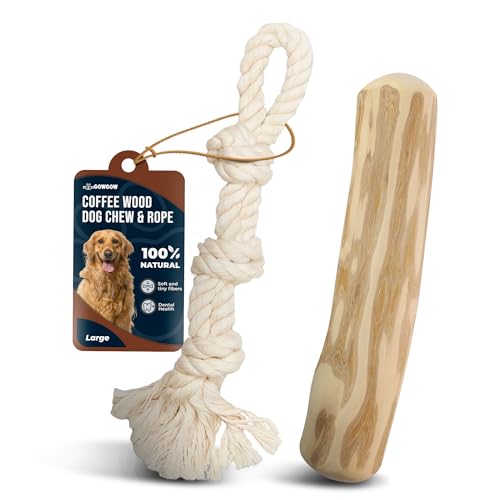 Coffee Wood Dog Chew and Natural Cotton Rope Toy for Regular Chewers - 100% Organic Wood Stick for Dog - Teeth Cleaning - Size L - size: Large