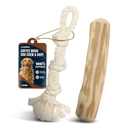 Coffee Wood Dog Chew and Natural Cotton Rope Toy for Regular Chewers - 100% Organic Wood Stick for Dog - Teeth Cleaning - Size L - size: Large