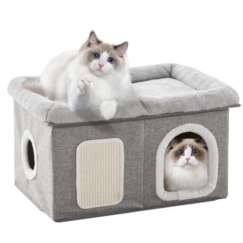 WINDRACING Cat House for Indoor Cats - 24.4" W Extra Wide Cat Bed Cave for Double Small Cats and Foldable with Scratch Pad, Cat Hideaway Condo for Kitten, 24.4x16.9x14.2 Inches, Light Grey - color: Light Grey, size: 24.4x16.9x14.2