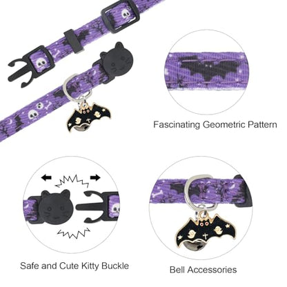 Halloween Cat Collar, Cotton 2 Pack Cat Collar with Bells, Breakaway Collars for Girl Boy Cats Kittens, Halloween Purple - color: Halloween Purple