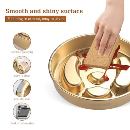 Golden Stainless Steel Slow Feeder Dog Bowls – Non-Slip Metal Dog Bowl for Large & Medium Breeds, Puppy Puzzle Feeder – 2 Cup for Small to Big Pets – Durable Slow Feed Dog & Cat Food Dish with Mat - color: Face With Mat-Golden