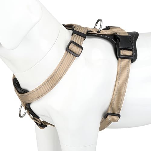 Plutus Pet Adjustable No Pull Dog Harness with Leather Accents, Heavy Duty Reflective Nylon Vest for Training, Hiking, Easy Walk Harness for Small, Medium, Large Dogs (Beige, S) - color: Beige, size: S