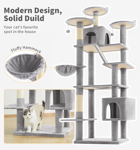 Made4Pets Tall Cat Tree, 80" Cat Tree Tower for Indoor Cats Large Adult, Modern Cat Tower with Scratching Post, Cozy Hammock, 3 Perches and 2 Condos, Sturdy and Fluffy, Light Gray - color: Light Gray